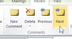 Comments area of the Review toolbar, containing the buttons Add Comment, Delete, Previous, and Next.